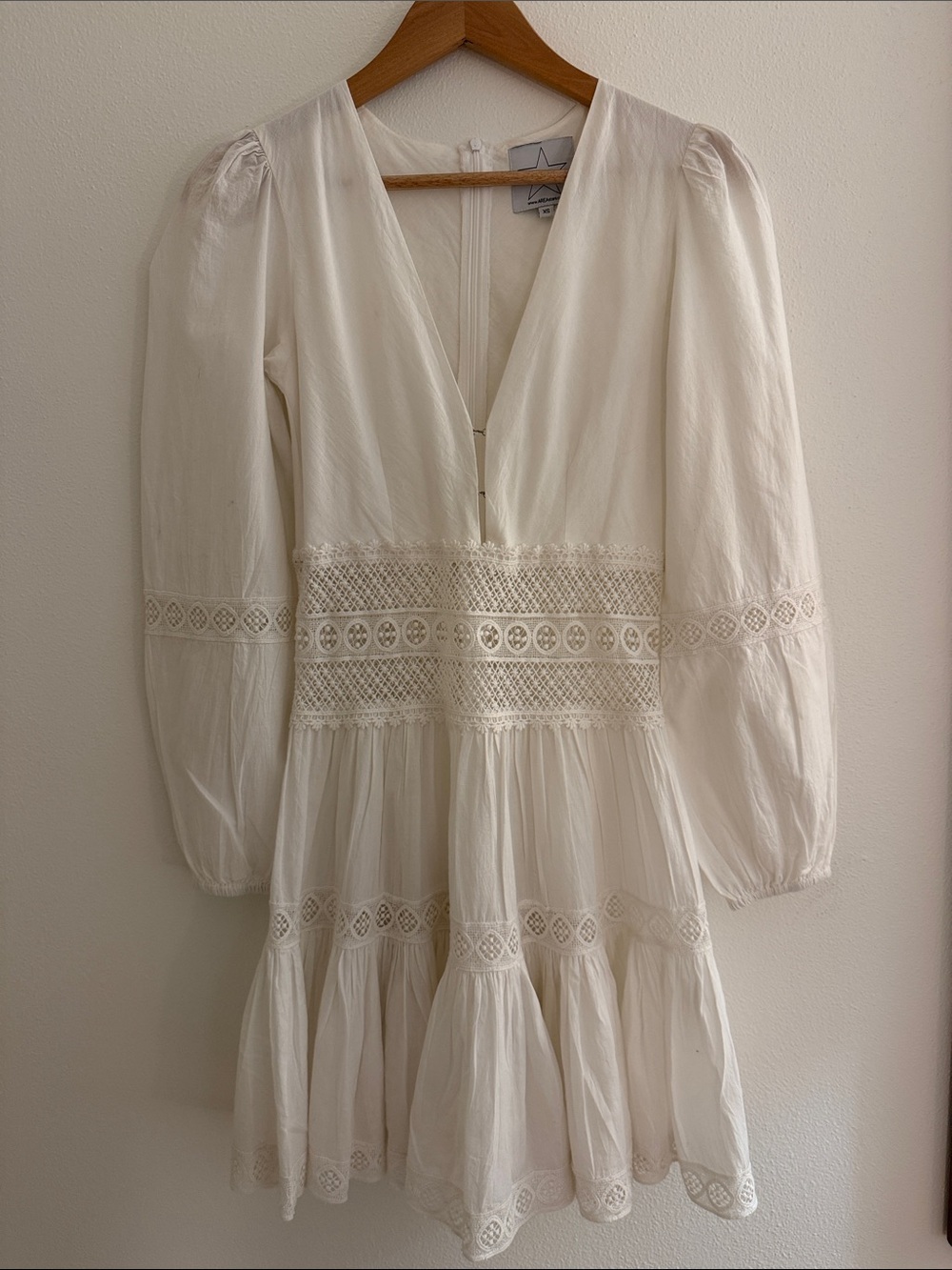 Area Stars White Crochet Lace Waist Mini Dress - Boho Bridal V-Neck XS